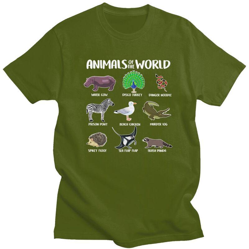 Animals Of The World T Shirt for Men Pure Cotton Tshirt Humor Streetwaer Short Sleeve Tee Shirt Slim Fit Clothing Gift