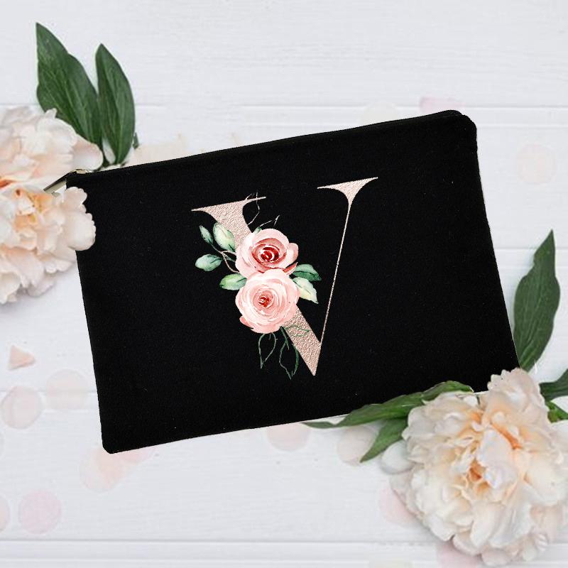 Borsa per il trucco floreale con alfabeto, damigella d'onore, damigella d'onore, festa, matrimonio, addio al nubilato, regalo, in tela, con cerniera, per cosmetici