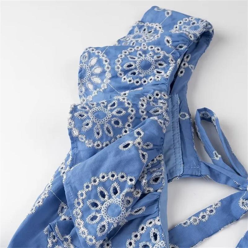 Summer New Women's European and American Style Heavy Industry Cotton Embroidery Stacked Decorative Blue Hollow Out Sexy Sweet Dress