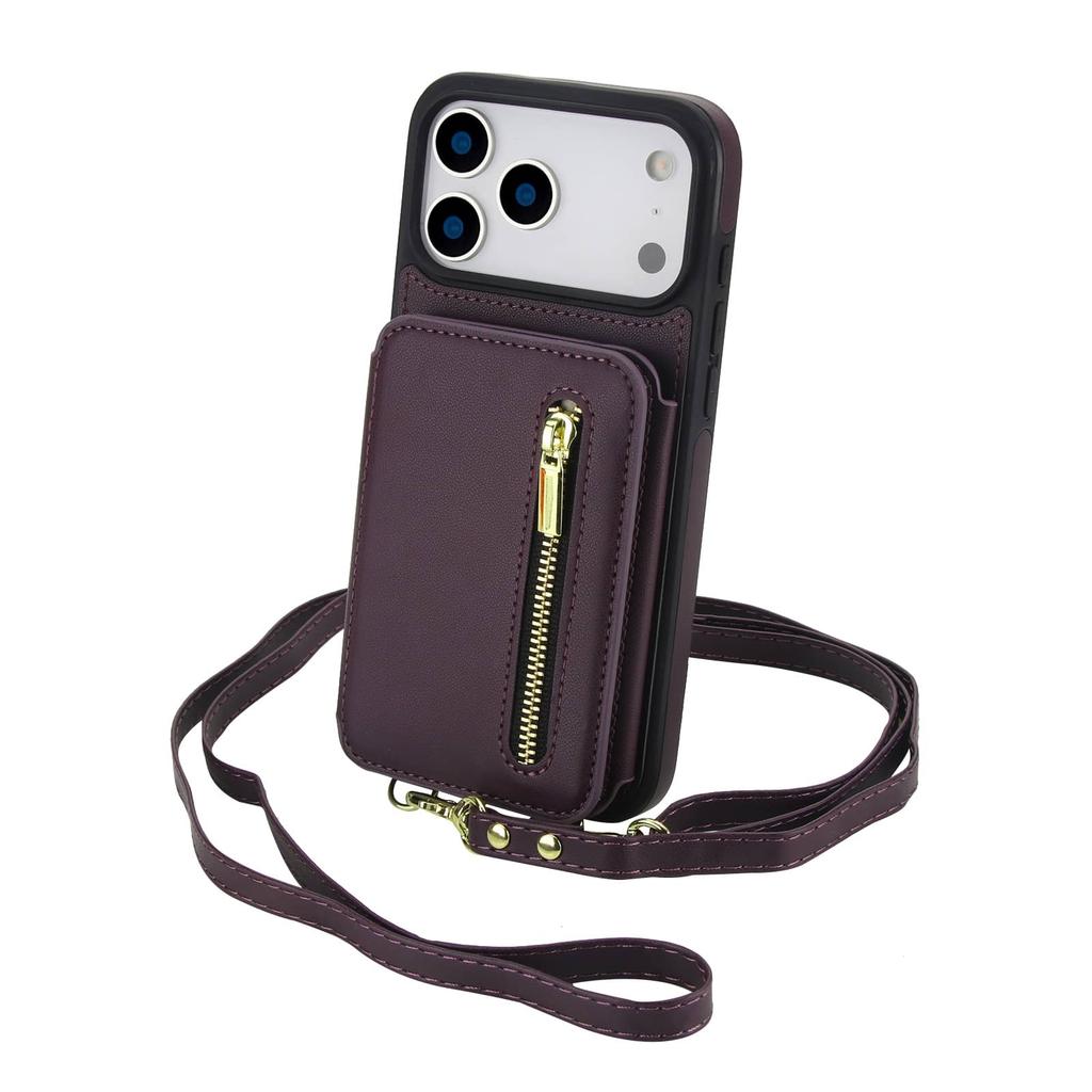 Zipper Wallet Case for iPhone 17/16e/16 Pro Max iPhone Air Women Crossbody Purse Credit Card Holder Lanyard Flip Kickstand Cover