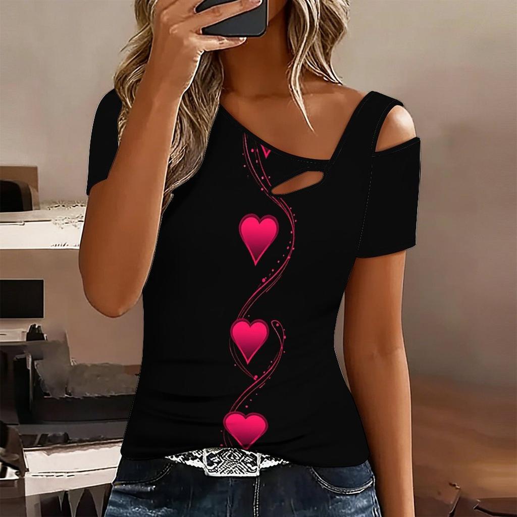 T-shirt da donna a maniche corte con stampa a forma di cuore, spalle scoperte, scollo irregolare con ritaglio, top casual estivo