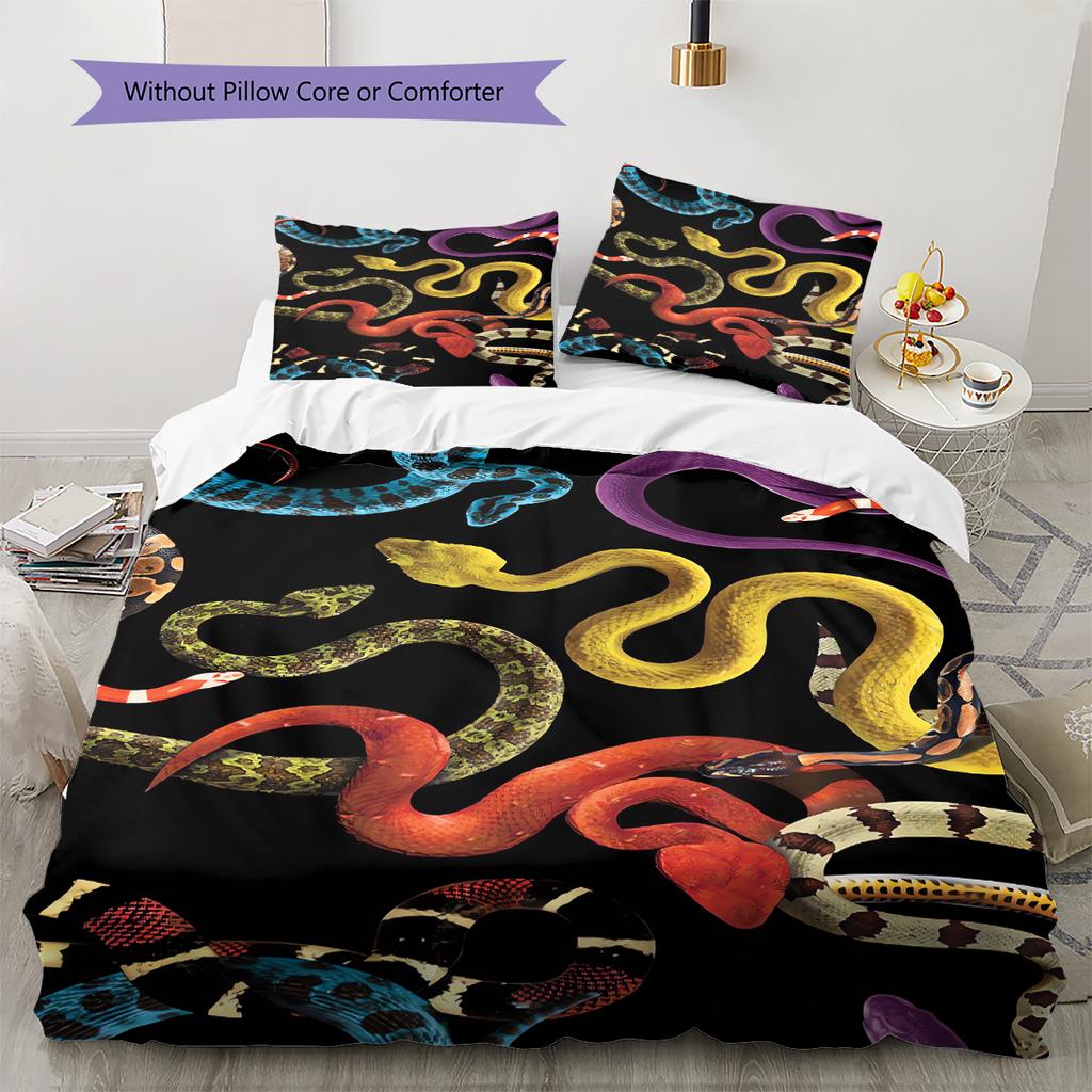 Snake and Skull Pattern Bedding Quilt Set Quilt Cover Pillowcase Home Decoration Gift (1 * Duvet Cover + 2 * Pillowcase, Without Core)