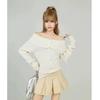 Vintage Elegant Streetwear Knitted Pullover Women Korean Fashion Sexy Bow Bandage Slant Neck Slim Fit Sweater Solid Color Chic