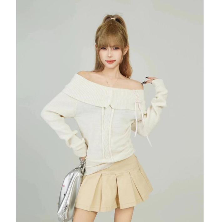 Vintage Elegant Streetwear Knitted Pullover Women Korean Fashion Sexy Bow Bandage Slant Neck Slim Fit Sweater Solid Color Chic