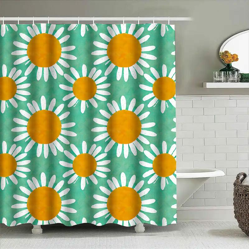 Bright Floral Shower Curtain 3D Printed Bathroom Decor Waterproof Fabric Modern Sunflower Design For Home Decoration In Green Co