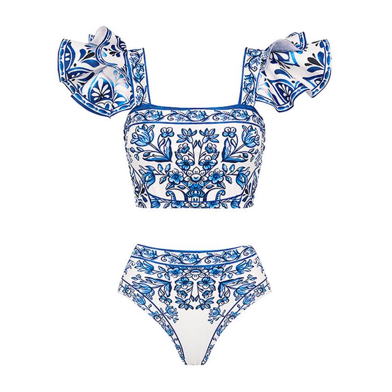 

European-American Ruffle Square Neck Print Bikini Swimsuit Large