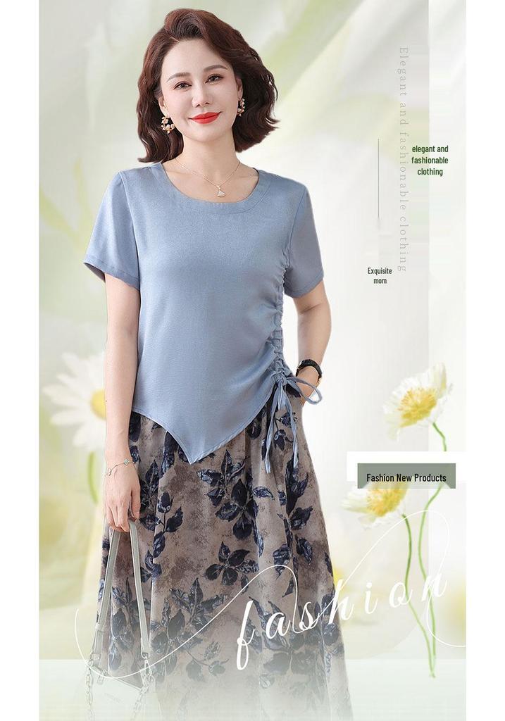 Summer Two-Piece Set for Mature Women: Stylish Short-Sleeve Top and Skirt Dress