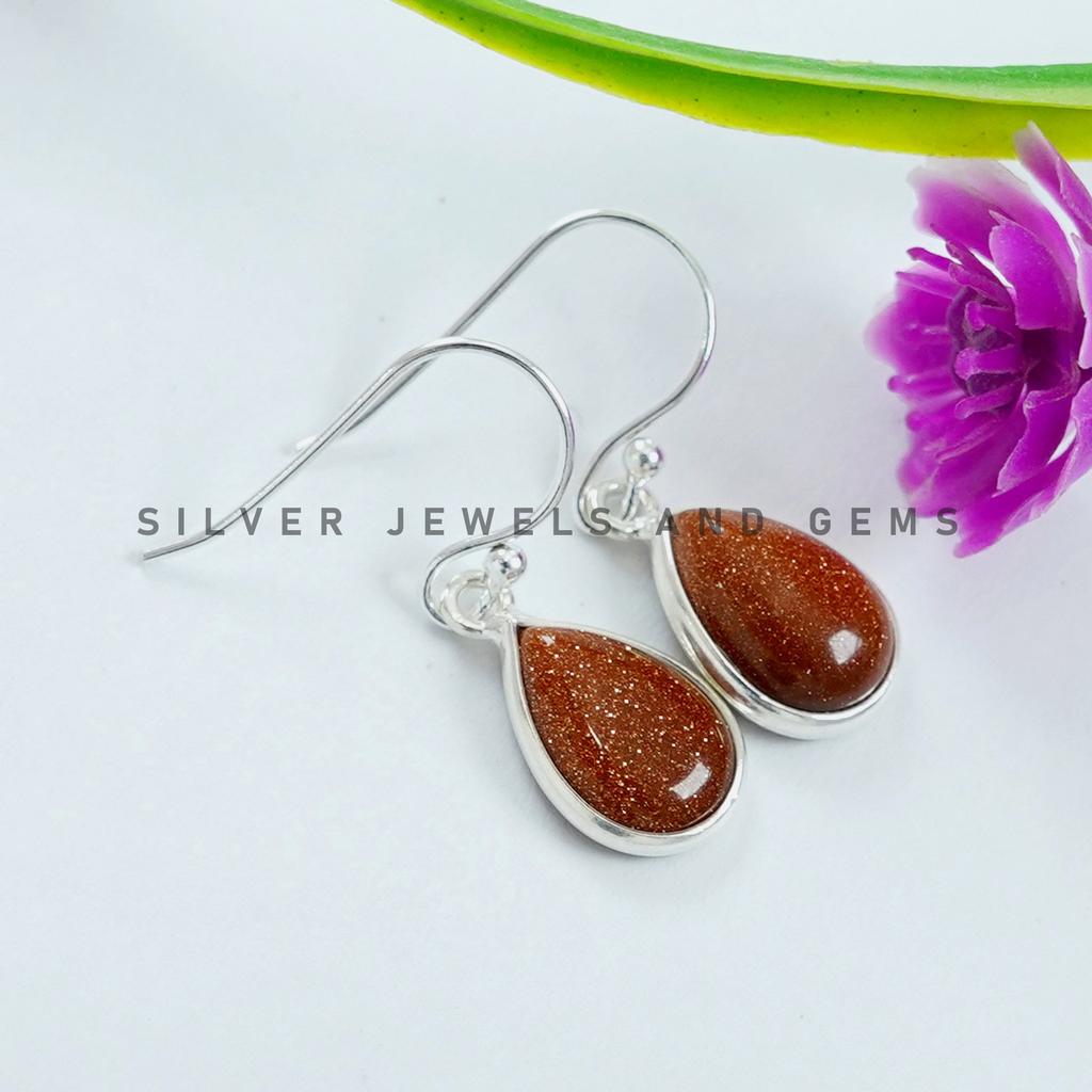 Teardrop Sunstone Earrings, Bezel Set, 925 Sterling Silver
