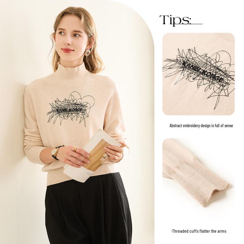 TUHUANG Women's 100% Pure Wool Embroidered Half-High Collar Sweater