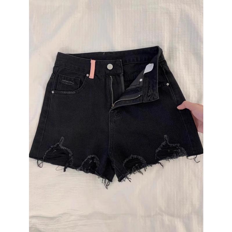High-Waisted Vintage Ripped Black Denim Shorts - Women's 2025 Wide-Leg Summer Collection.