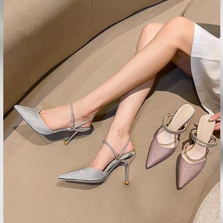 High-heeled women's new rhinestone in the summer of 2025, thin heel, shallow mouth, half drag two, wearing slippers and high-heeled sandals women