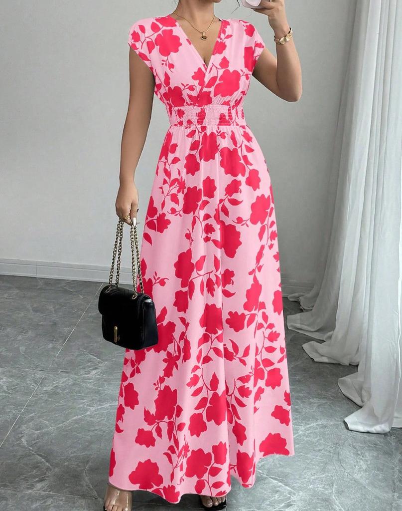 Floral Print V Neck Long Dress With Belt For Summer Casual Womens Wear