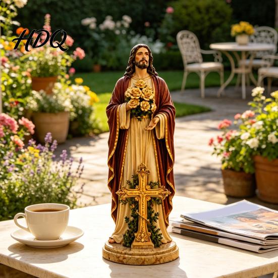 Decoración Religiosa para Exteriores Estatua de Luz de Jardín de la Santísima Madre con Flor Lámpara USB Adorno Resistente a la Intemperie Rosa Brillante Decorativa para Cristianos
