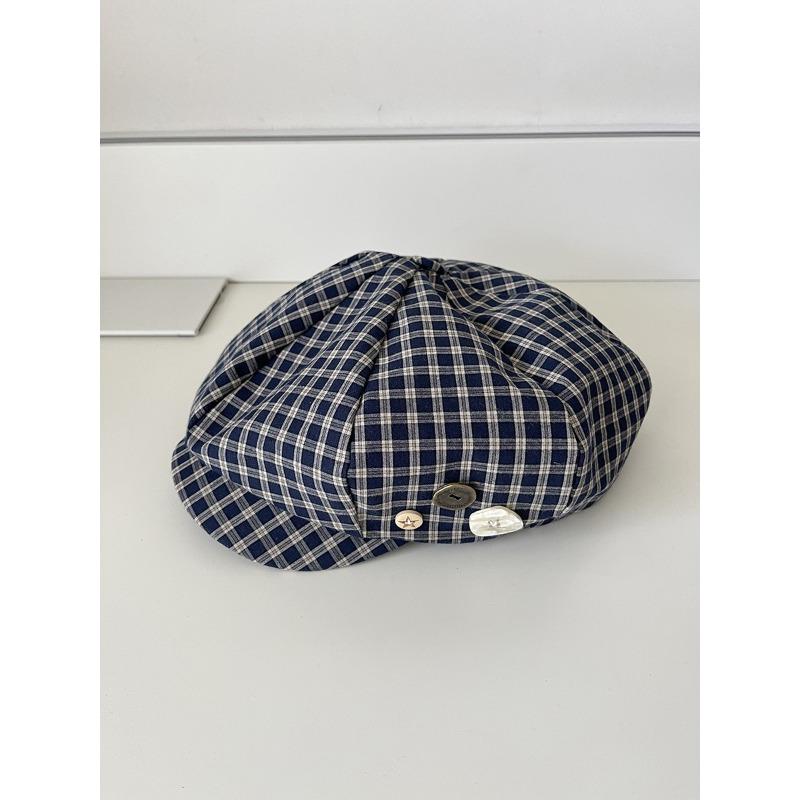 

Japanese Literary Versatile Button Plaid Beret Female Fashion Painter Hat Big Head Circumference Showing Face Small Newsboy Hat Male M（56-58cm）