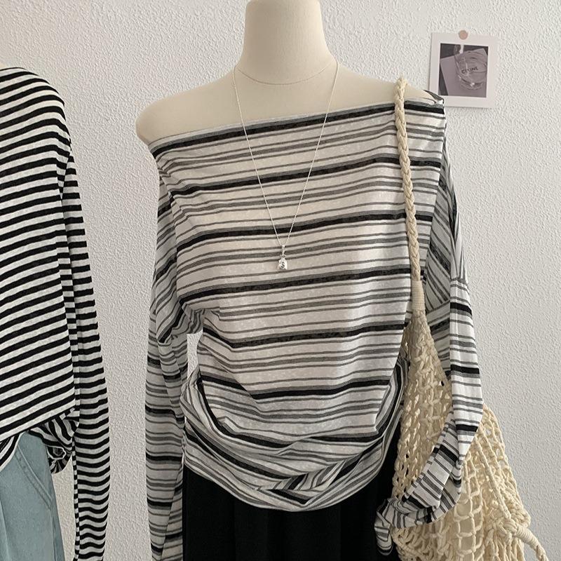 Spring Autumn One Word Collar Vintage Striped Printing Long Sleeve T-shirt Women Loose Casual All-match Tee Top