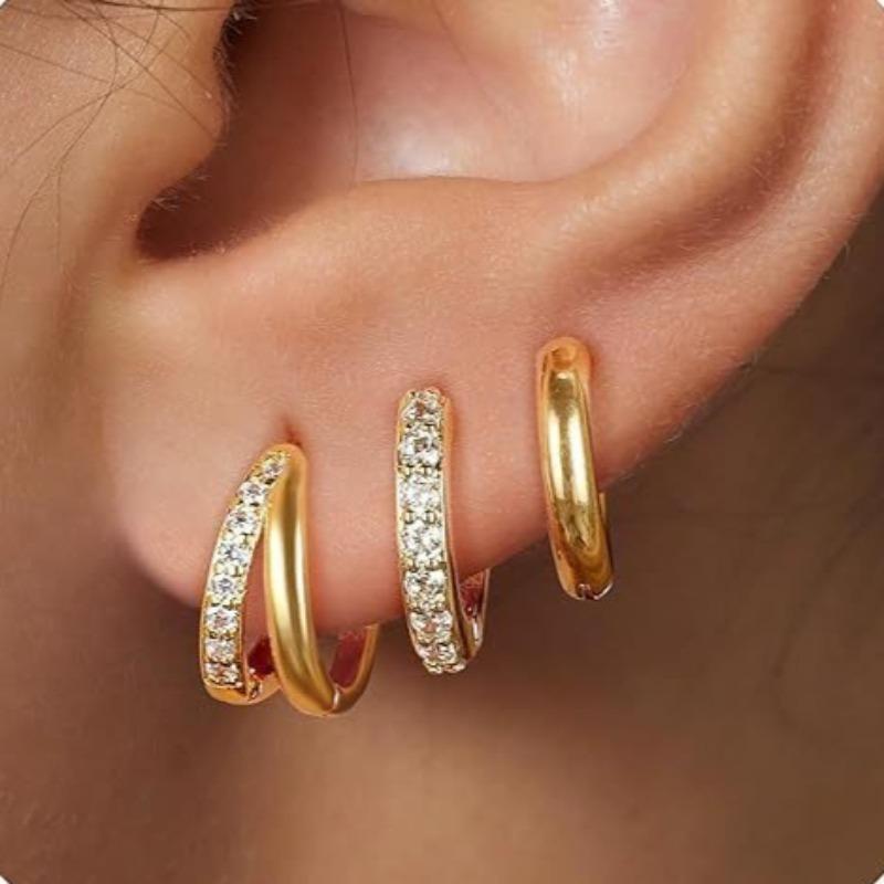 3pcs Fashion 14K Gold Plated Round Earrings for Women Simple Crystal Zircon Double Ring Punk Earring Cartilage Piercing Zircon