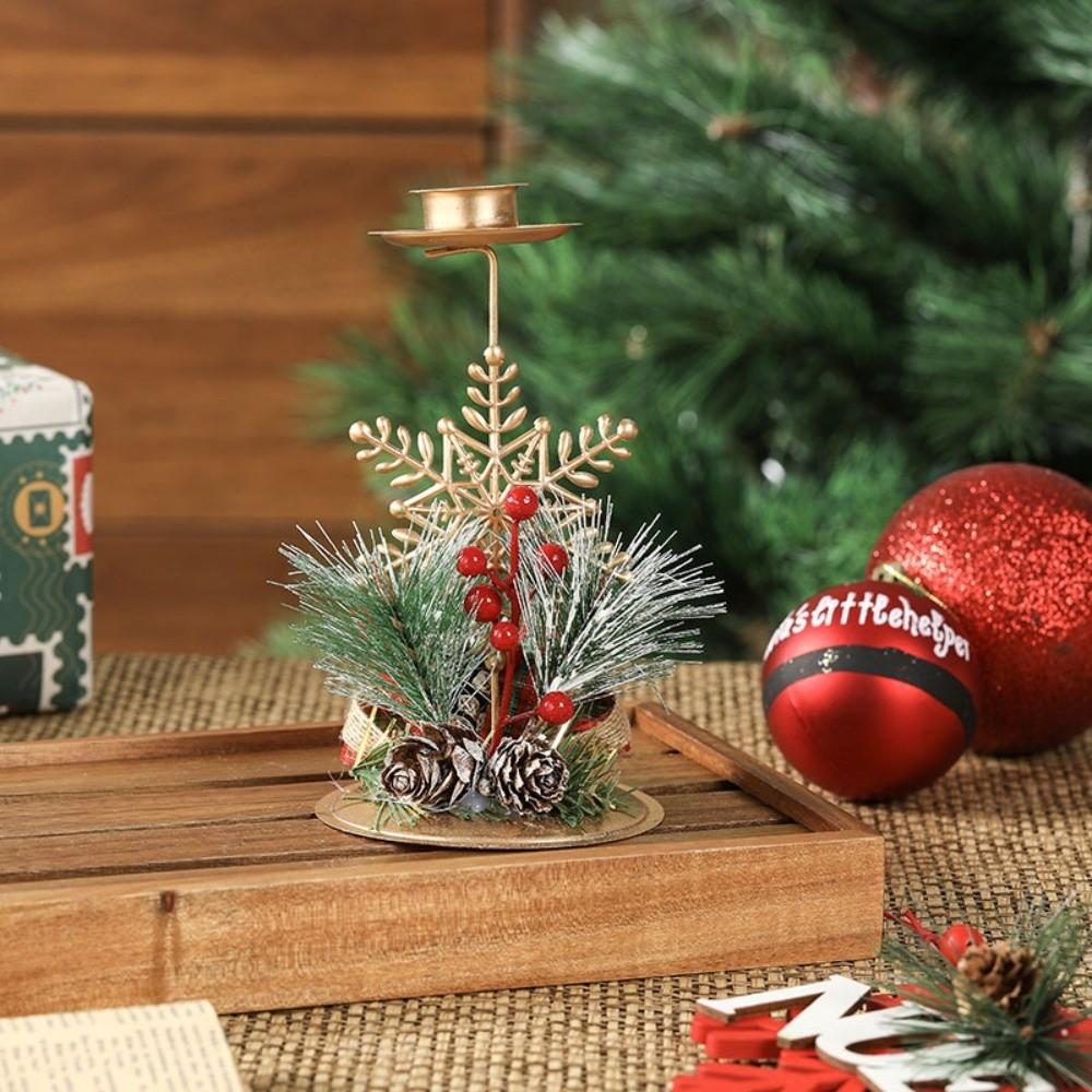 Vintage Golden Christmas Candle Holder Snowflake Xmas Tree Iron Candlestick Simulated Pine Needles Desktop Ornament Festive