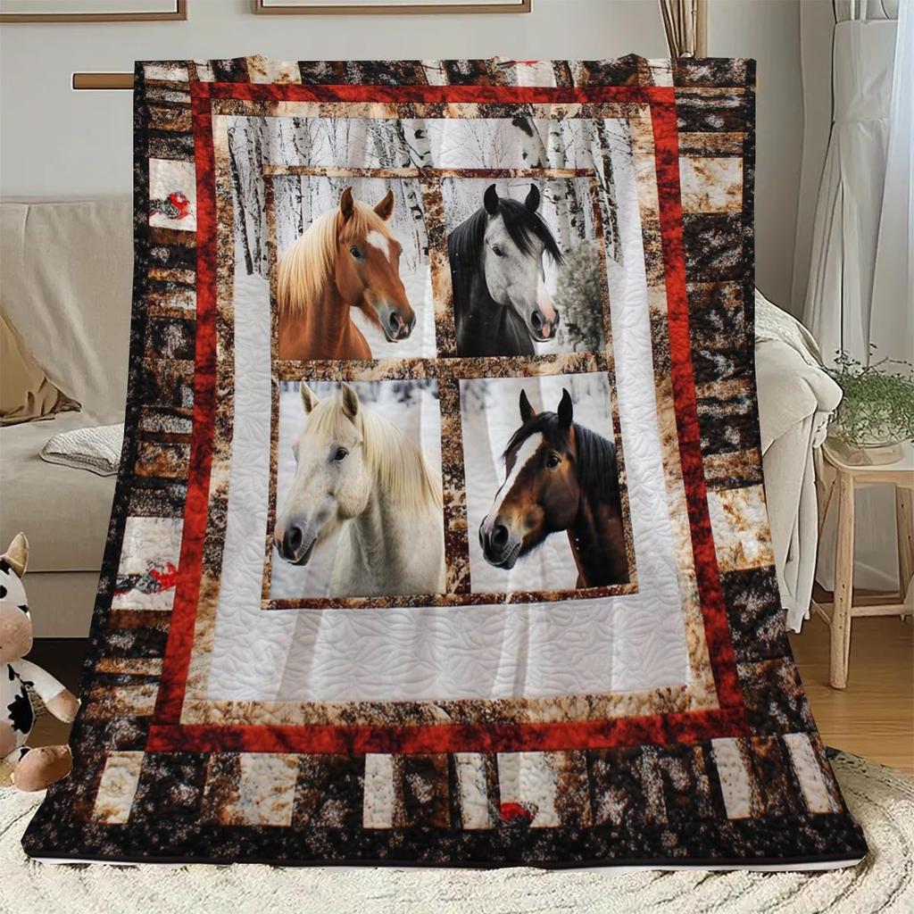 Flannel Throw Blanket Majestic Horse Collage Print Soft Warm Naptime Blankets All Season For Sofa Bed Home Decor Ideal Gift