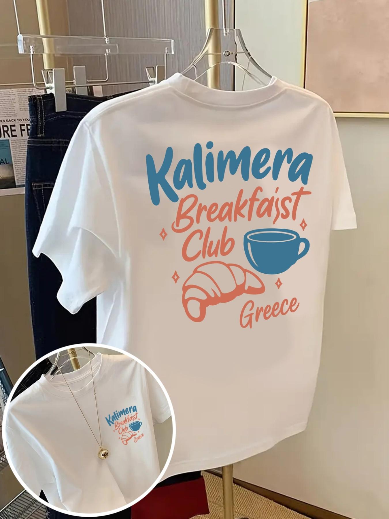 Trendiges Kalimera Letter Print T-Shirt Damen Doppelseitiges Grafik-Tee Sommermode Kurzarm O-Ausschnitt Pullover Locker sitzendes Oberteil S weiß