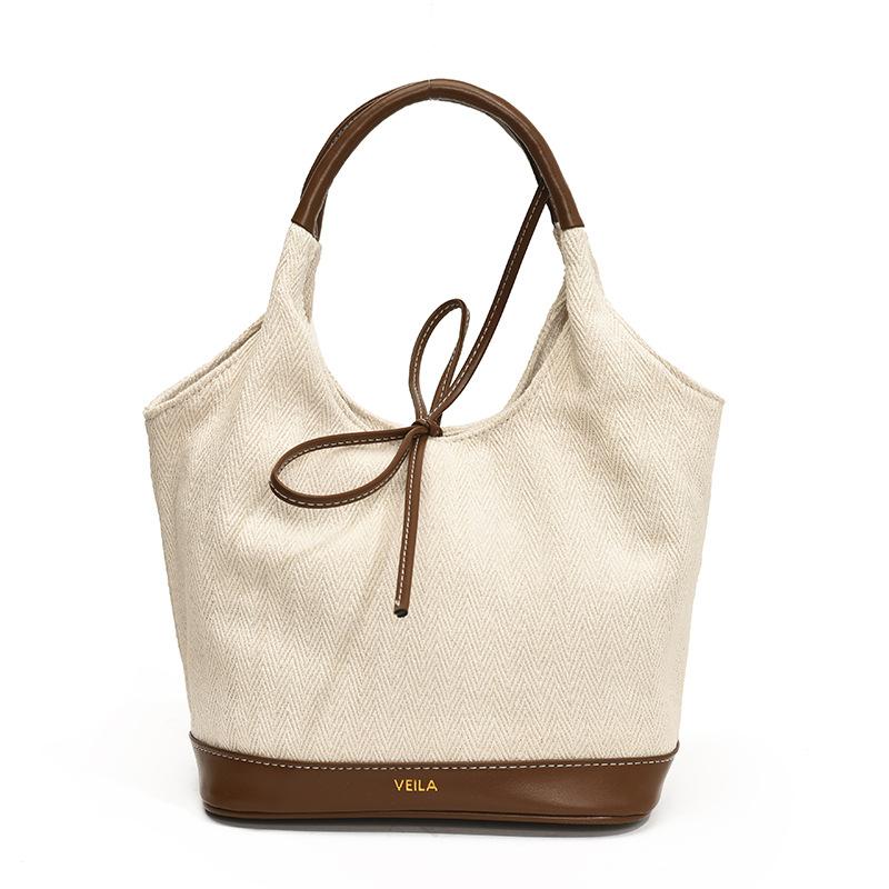 

Women s bag new rough canvas basket bag fashionable splicing contrasting color trendy bow decoration niche armpit bag коричневый