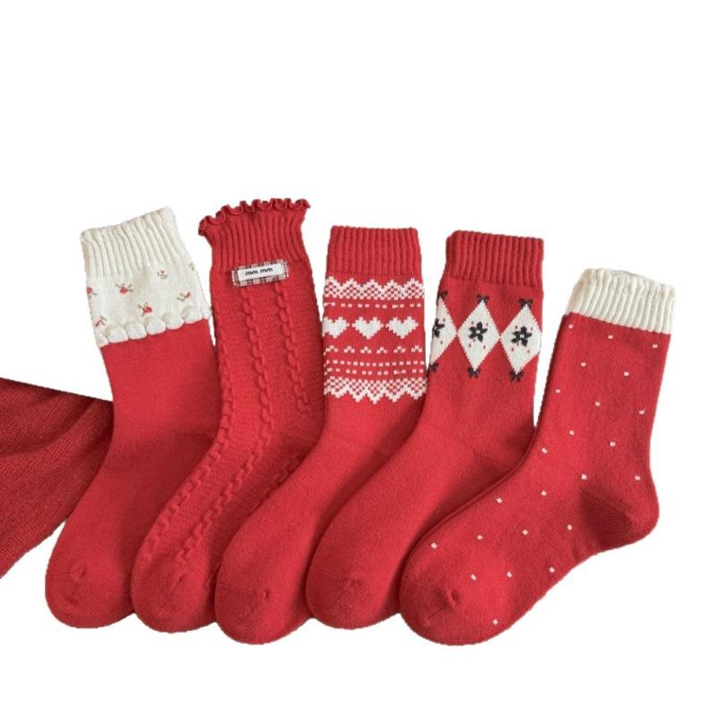 Wool Socks - Children's Autumn and Winter Red Thick and Warm Sleeping Socks, New Year Floor Stockings