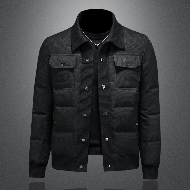 2025 Winter Men s European Lapel Down Jacket - Casual Knit Patchwork, Thickened Short Coat XXL чёрный