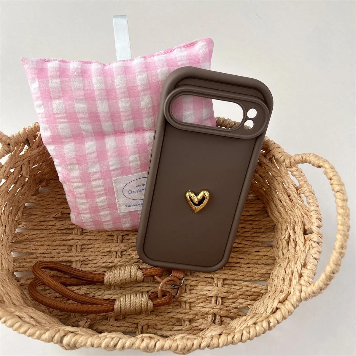 

3D Gold Heart Love Rope Wrist Strap Silicone Soft Phone Case for Google Pixel 7 8 9 Pro XL 7A 8A Protective Shockproof Cover Google Pixel 9 Pro XL