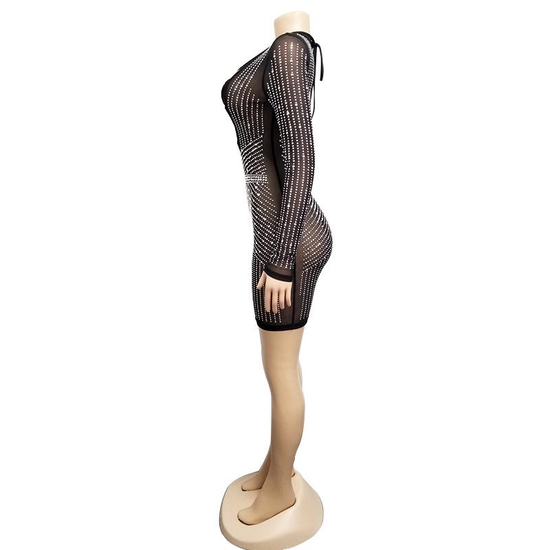 New 2020 European American Women's Sexy Mesh Strappy Dress with Hot Drilling for Nightclubs