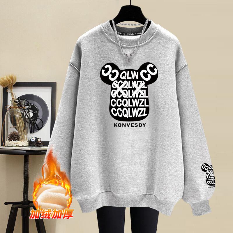 Cartoon pure cotton crew neck sweater women's 2025 autumn and winter velvet thickened casual fashion lazy wind loose large size women's clothing