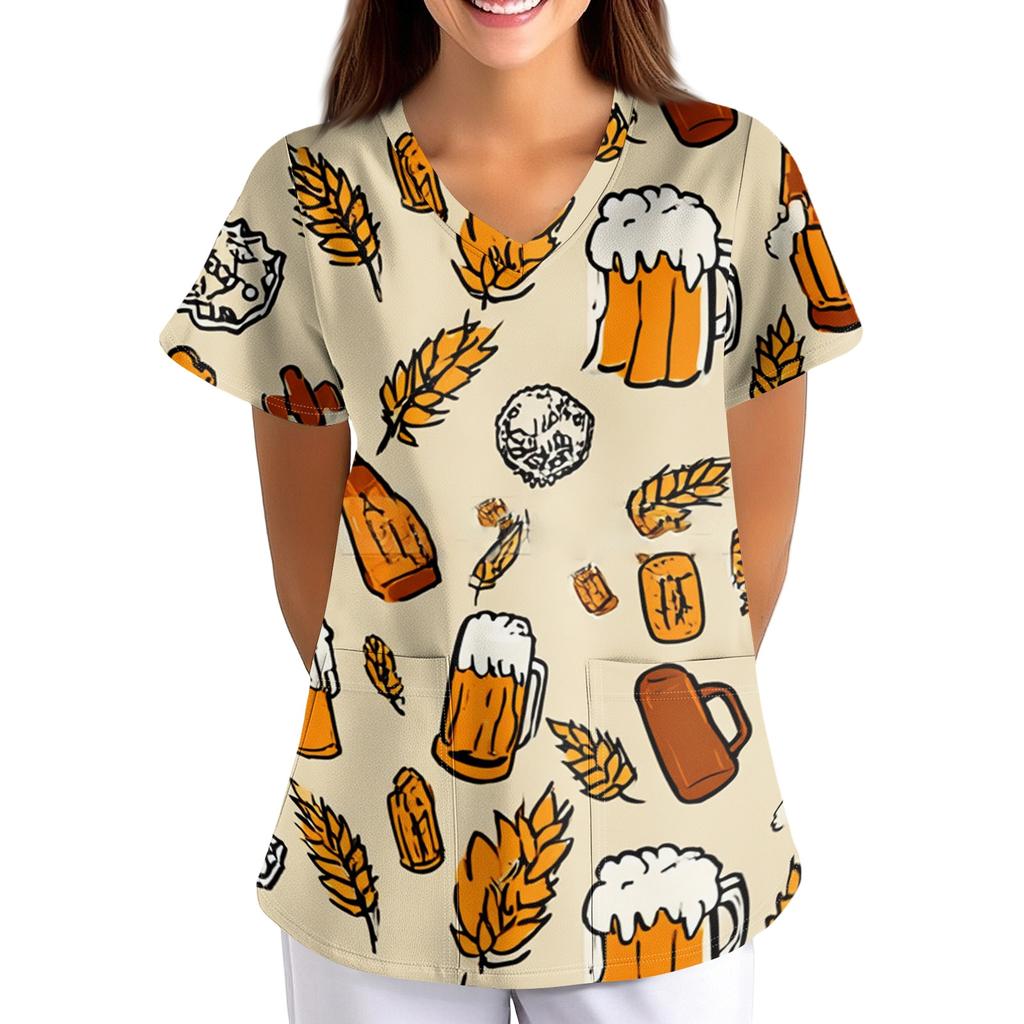 Women's Oktoberfest Print V-Neck Short Sleeve Scrub Top with Pockets, Loose Fit