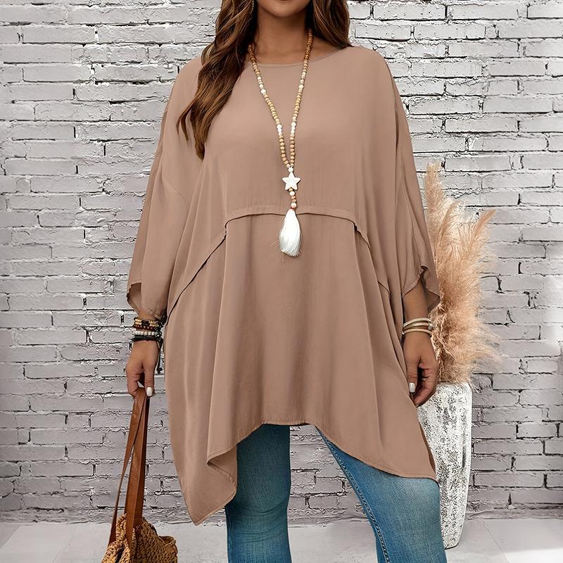 Women Plus Size Solid Color Asymmetric Hem Poncho Top Batwing Sleeve Loose Summer Blouse