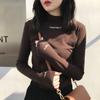 Women's Mock Neck Long Sleeve Slim Fit Letter Embroidered Base Layer Tee Solid Thermal Fleece Optional Fall Winter Layering Top