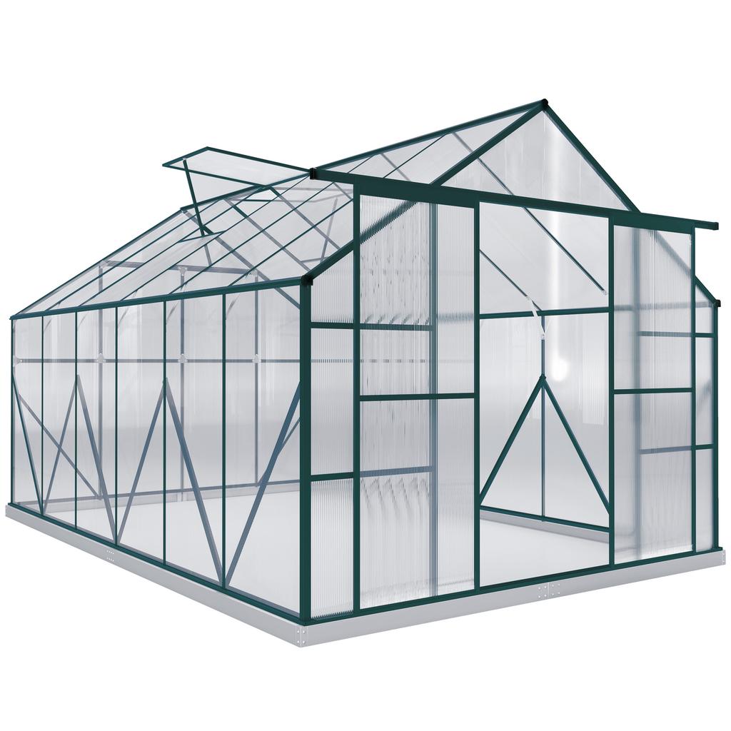 8 x 12ft Aluminium Greenhouse Polycarbonate Walk-in Garden Greenhouse Kit with Adjustable Roof Vent, Double Sliding Door, Rain Gutter and Foundation