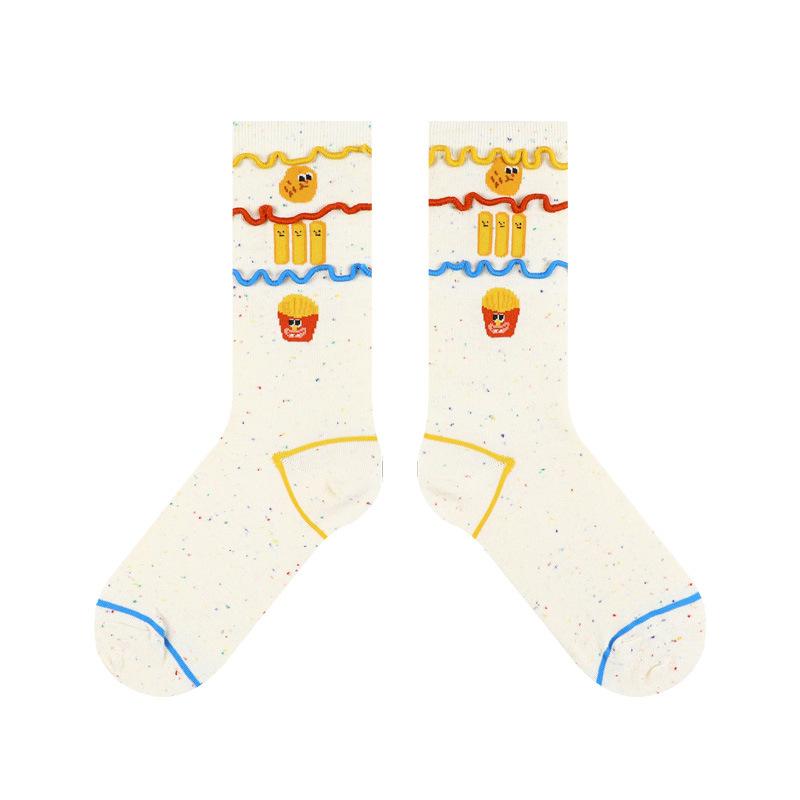 

French Fries Family Cartoon Socks - Cute Lace-style Couple Style Mid-calf Socks in Red and White Stripes for Both Men and Women 1 pair