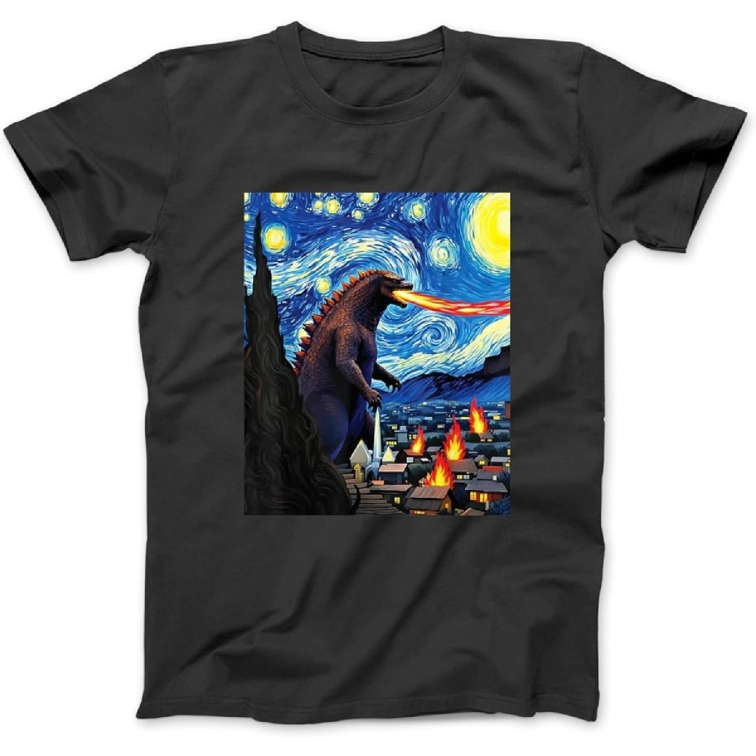 Kaiju Monster Van Gogh Starry Night Style Graphic T-Shirt Sweatshirt Hoodie for Men Women Kids Made in Canada Black S