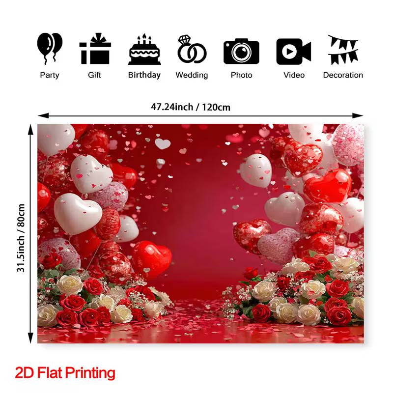2D Rotes Liebesthema mit Herzballons und Rosen Thematischer Hintergrund