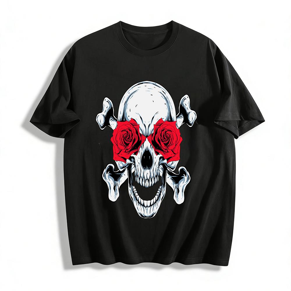 Skull Rose Print Cool Unisex Casual Short Sleeve T-Shirt Pure cotton T-shirt XXS