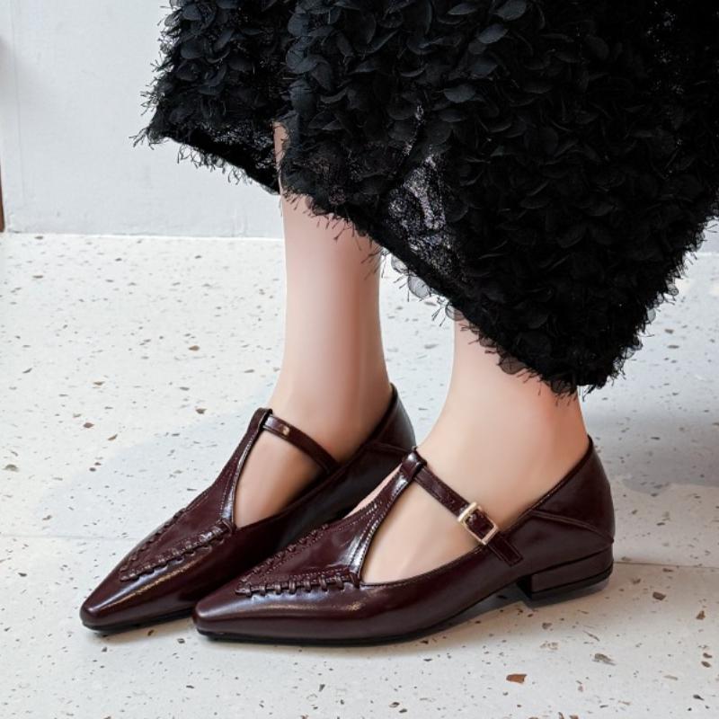 Women's Genuine T-strap Slip-on Flats Pointed Toe Soft Comfortable Casual Female Daily Loafers Moccasins Shoes for Woman