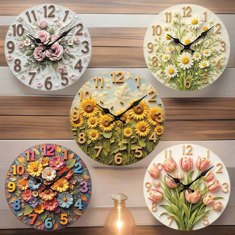 10 inch Wall Clock 2D Flower Home Living Room Decor Large Clock Silent Quartz Clock Home Decoration