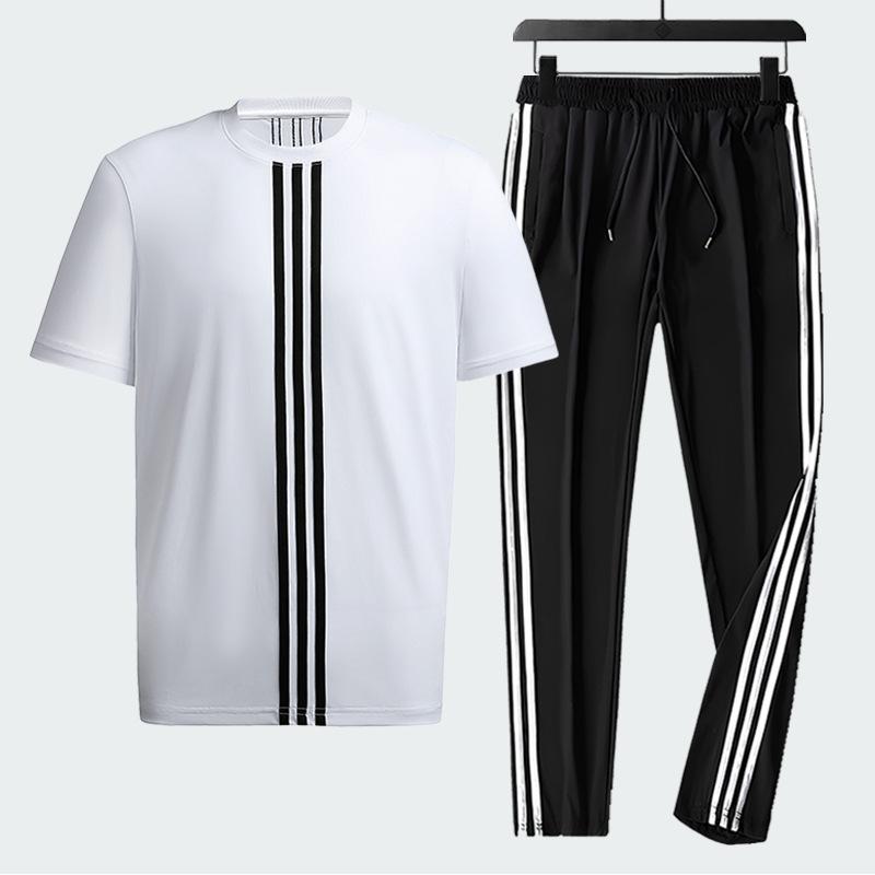 

Летний спортивный костюм из трех предметов, мужской, с коротким рукавом, дышащий, повседневный, брюки прямого кроя, мужской, очень большой размер, комплект из двух предметов L