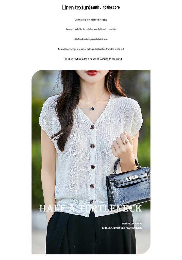Linen V-neck Knit Cardigan - Women's Short Sleeve, Summer 2026, Solid Color, Loose Fit.