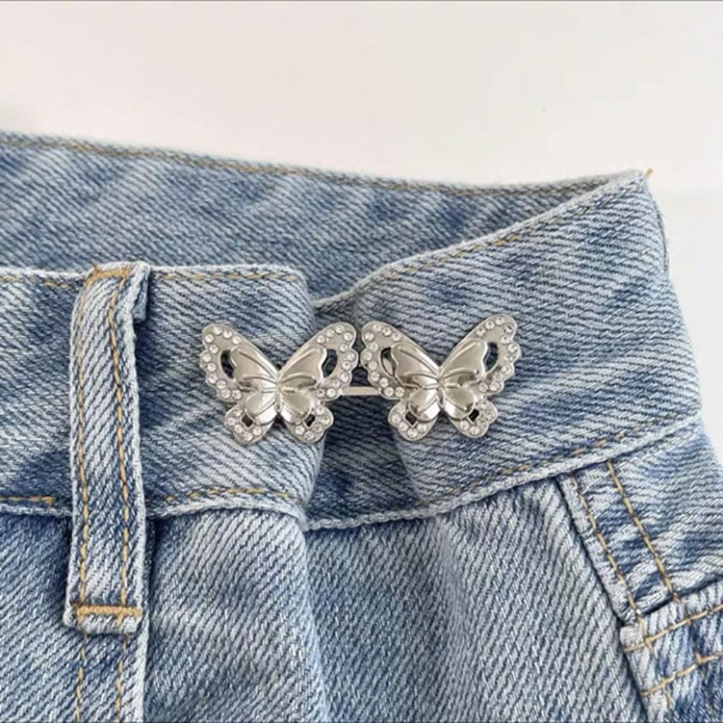 2Piece Jeans Waist Tightener Adjuster Kit, Effortless No Sew Tightening, Silver Adjustable Buttons Fit On Loose Jeans & Pants