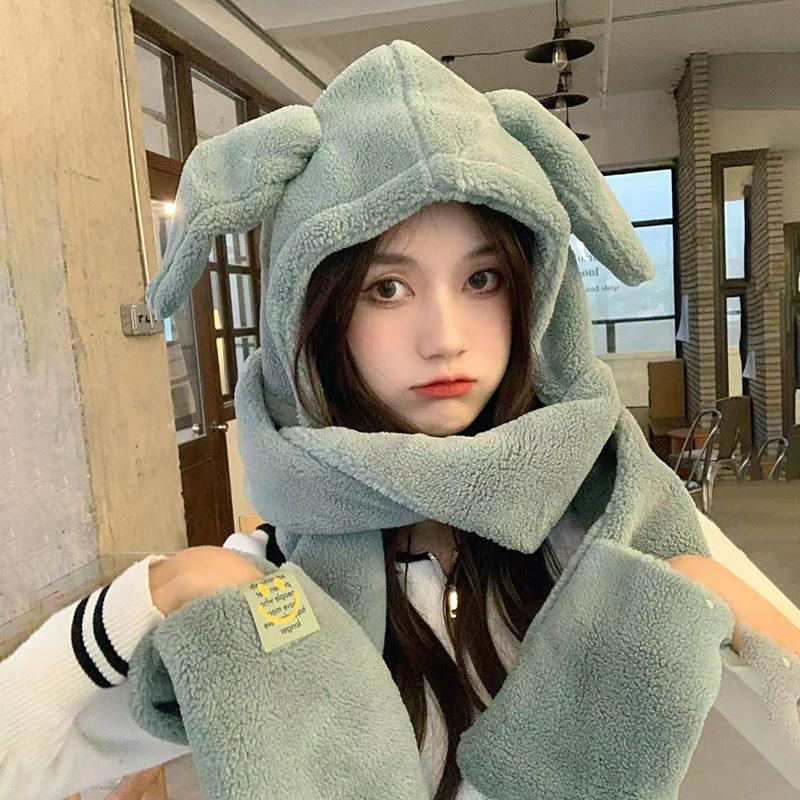 Autumn and Winter Hats for Women Cute Rabbit Ear Scarf  Integrated Warm Plush Gloves Three Piece Set  Korean Style Versatile Scarf