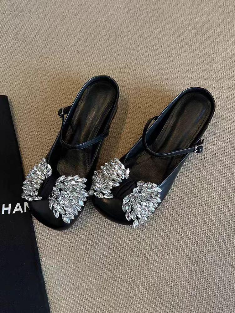 

Точечная версия! Темпераментный персонализированный бант со стразами, пряжка на одно слово, летние сандалии на низком каблуке, женские туфли-мюли с открытой пяткой 40 чёрный