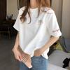 Women's Round Neck Short Sleeve Printed Loose Fit Korean Casual T Shirt Basic Top with Heart Graphic for Spring Daily Wear