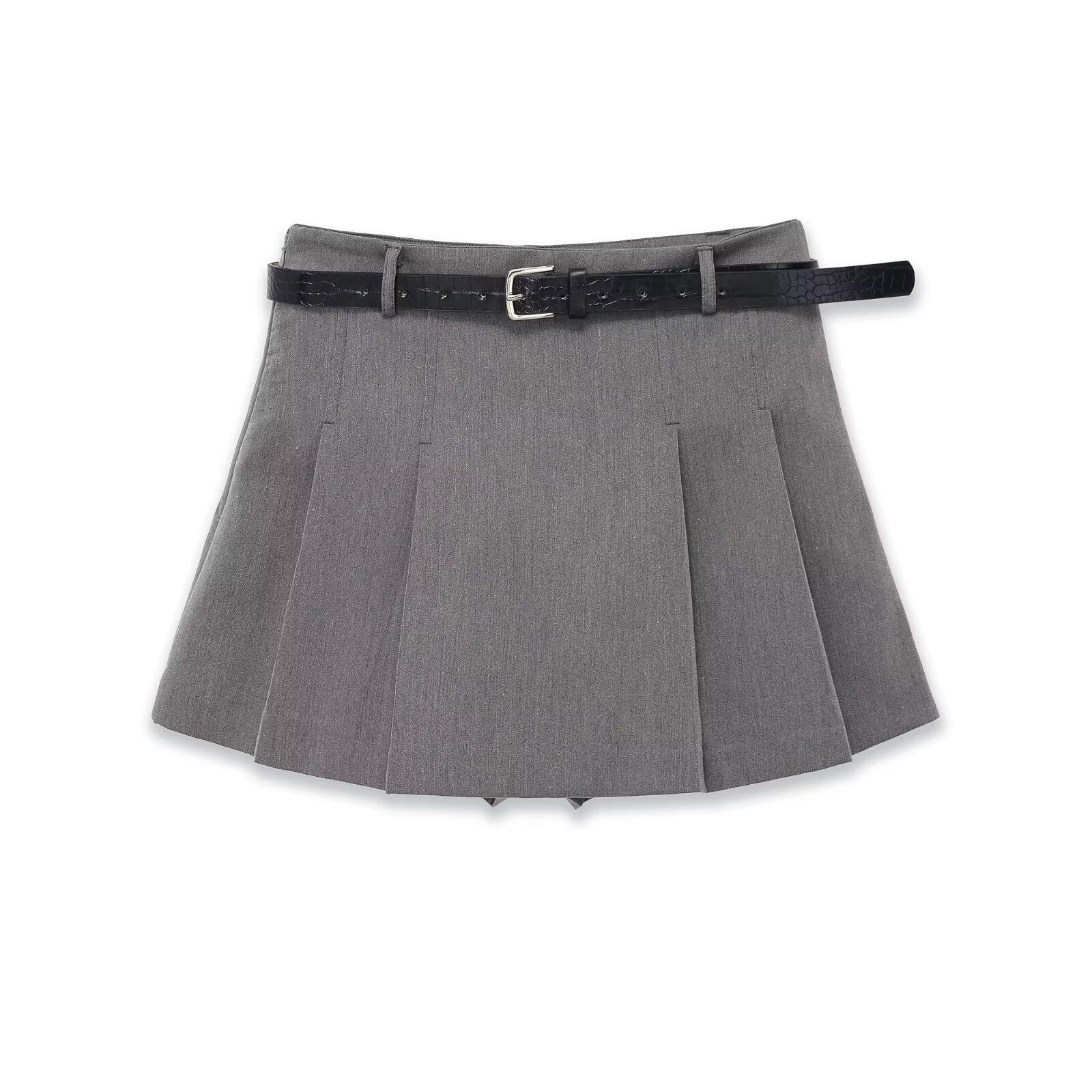 European and American style new women s fashionable gray mid-rise pleated skirt pants with 3046047 belt S серый