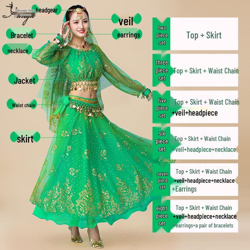 Fantasia de Apresentação de Dança do Ventre Indiana Huayu - Conjunto de Vestido de Manga Comprida de Chiffon para Mulheres