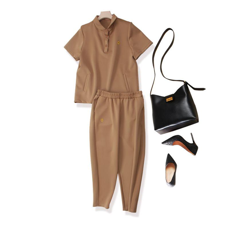 

Elite Sense Fashion Suit Pants Summer! Capable Women s Polyester Cotton Peter Pan Collar Pocket Top T-shirt + Cropped Tappered Pants Khaki 4XL