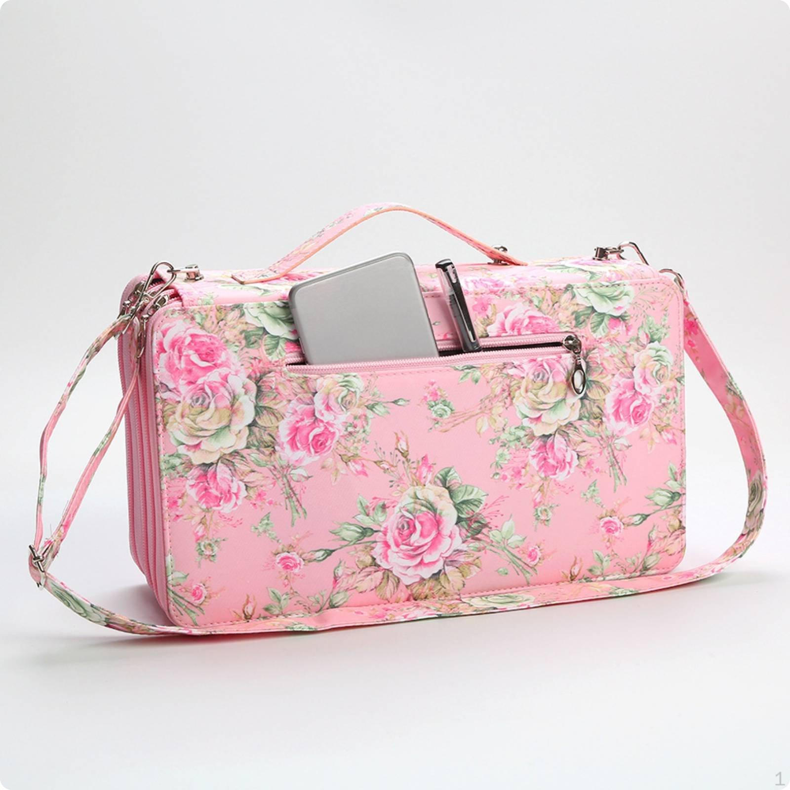 120 Slot Pencil Case Zipper Closure MultiLayer Zippered Individual Slots Floral Print Rose Pink