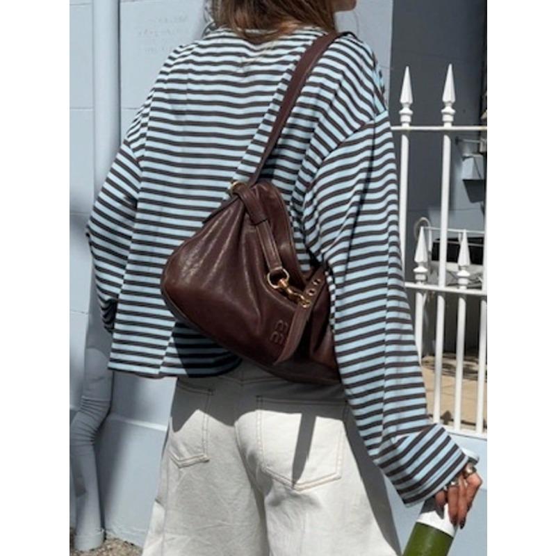 Loose Casual Retro Color Contrast Striped Long Sleeve T Shirt Top